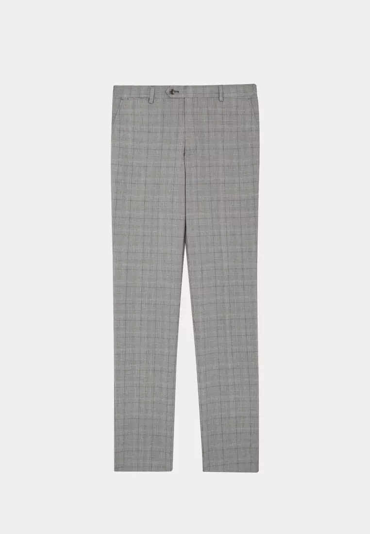 經典款淺灰威爾斯格紋修身西裝褲