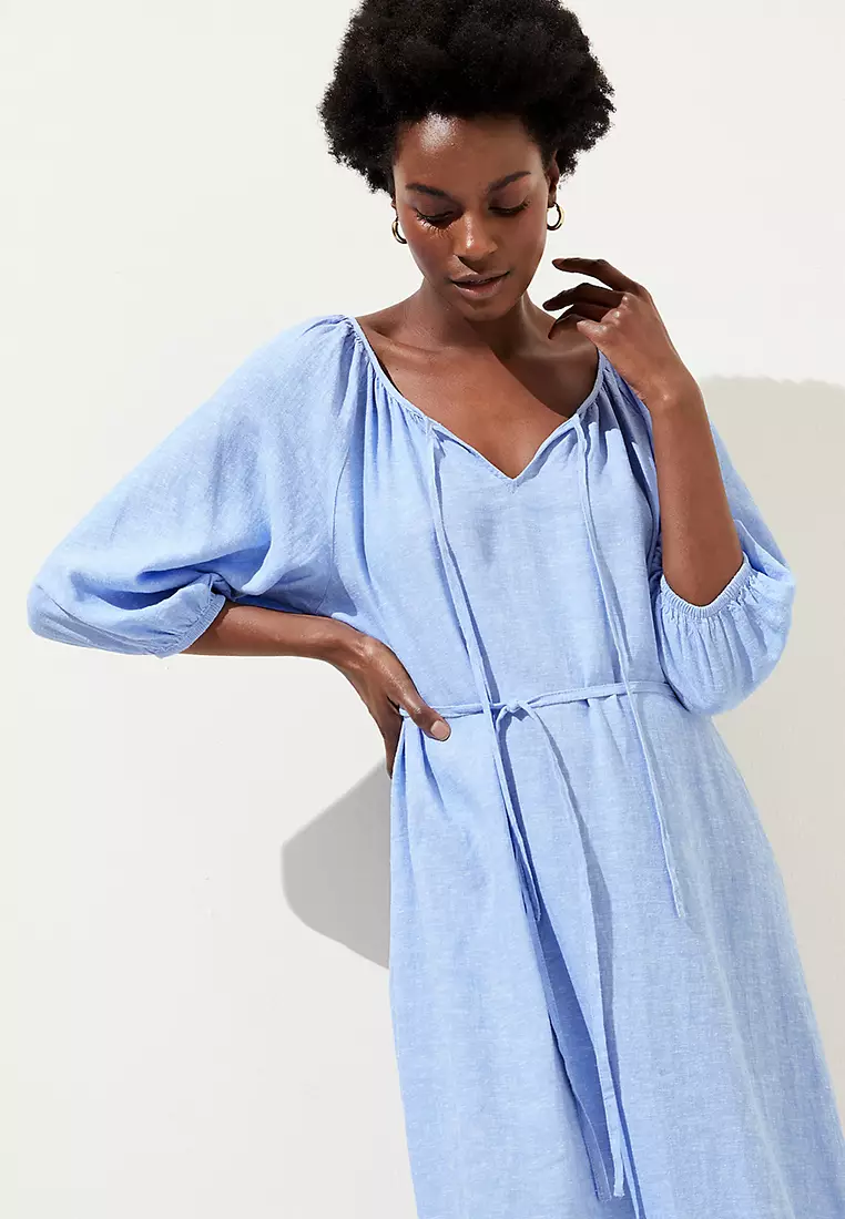 Linen Blend Tie Neck Midi Column Dress