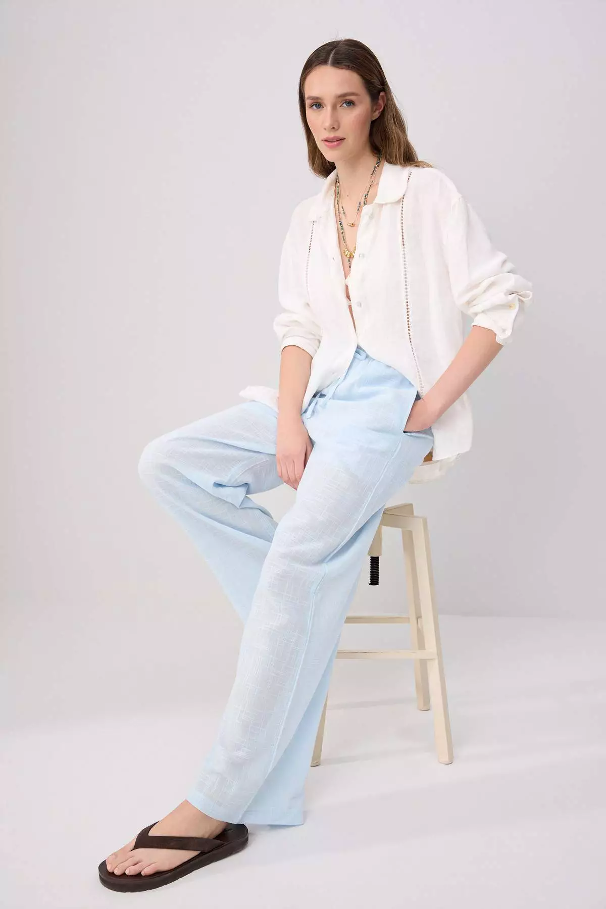 Blue Linen Look Wide Leg Shorts With Lining And Elastic Waistband Twoss25Pl00121