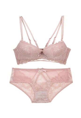 ZITIQUE pink Women's Non-wired Thick Cup Push Up Deep V Cotton Lace Lingerie Set (Bra and Underwear) - Pink A2F19USECAA75AGS_1