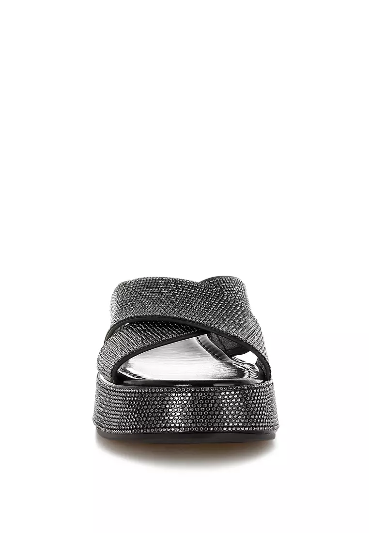 Rhinestone Embellished Flatforms In Black