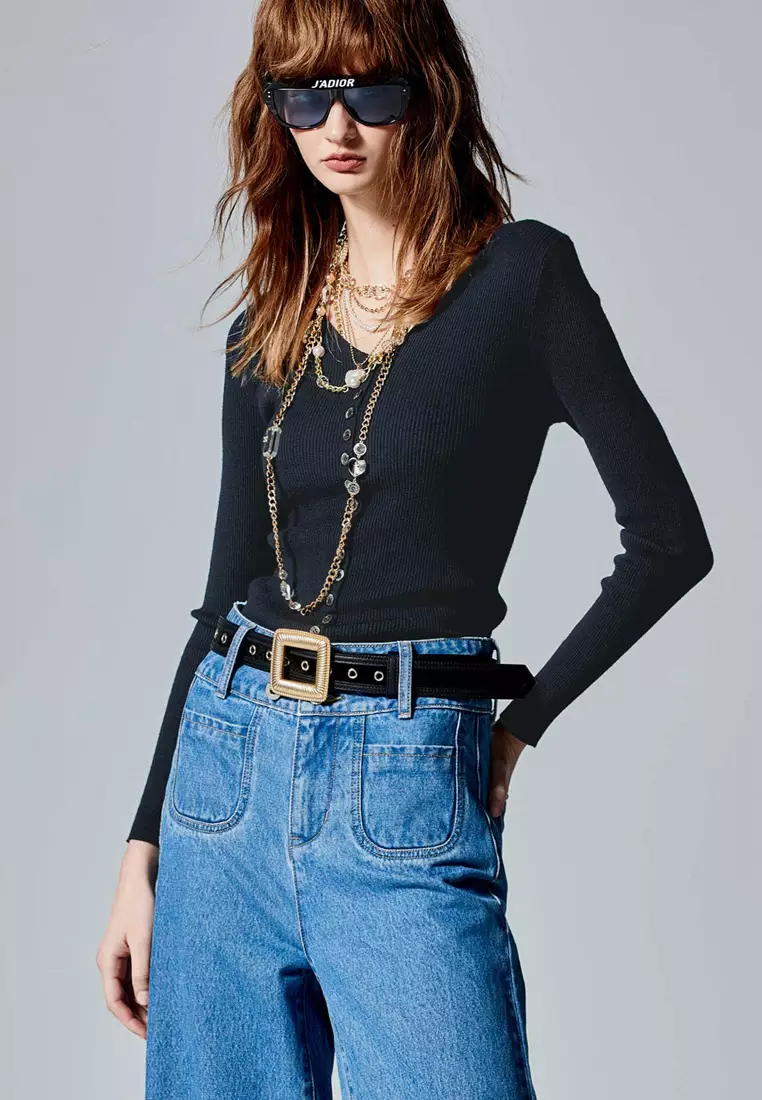 Navy V-Neck Long Sleeve Top