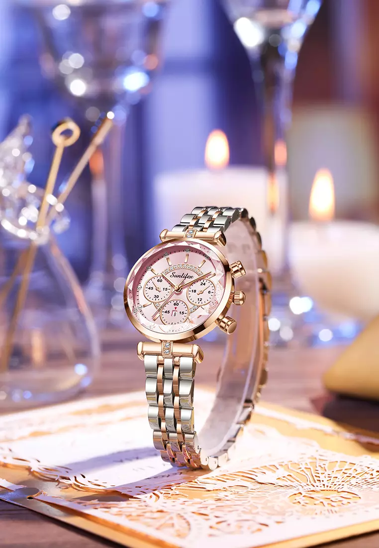 Jam Tangan Wanita Original B005 Kalendar Anti Air Berlian Kuarsa Tali Stainless Steel Jam Tangan Cewek rosepink