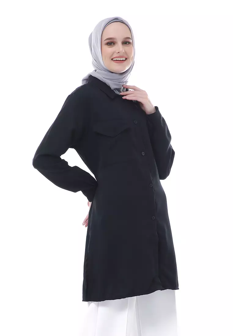 Babyla Long Tunik Pakaian Atasan Muslimah Wanita Motif Polos - Hitam