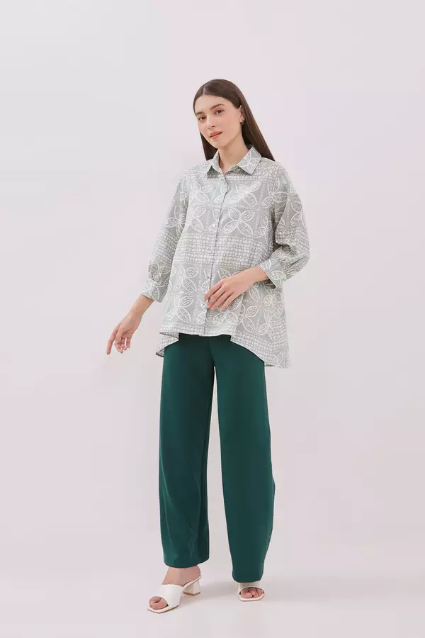 MINIMAL - Malya - Kemeja A Line Motif Kawung - Light Green