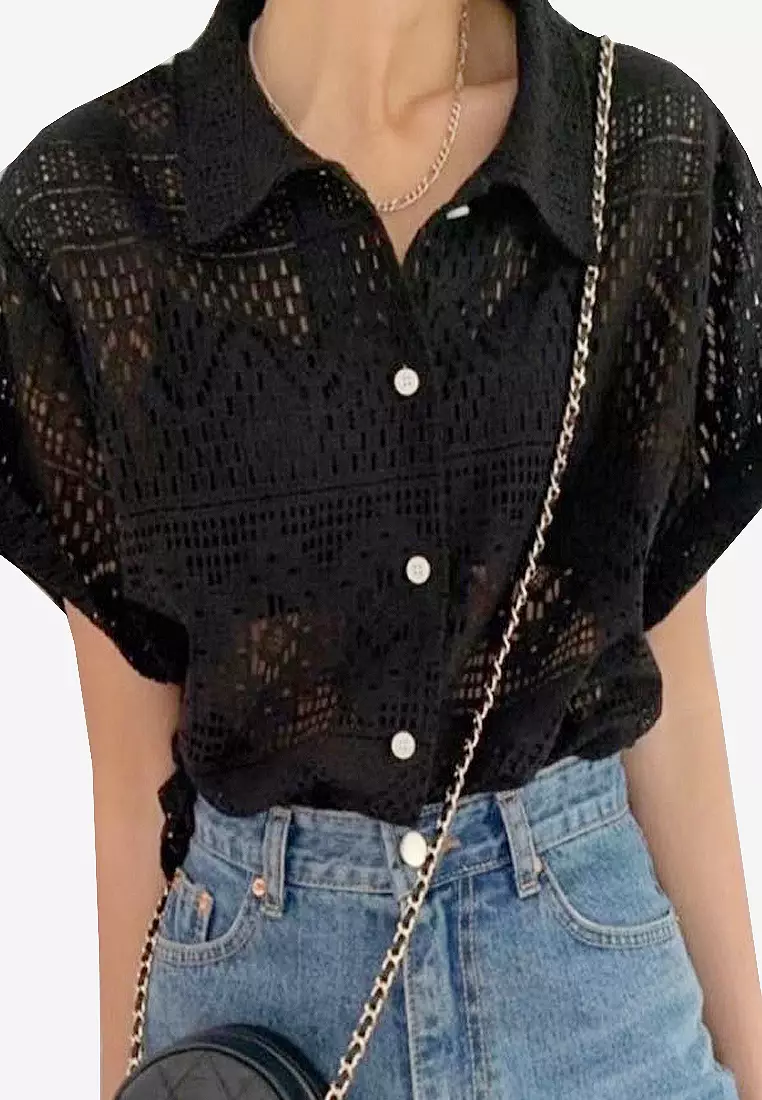 Cutout Lace Button Up Shirt - Black