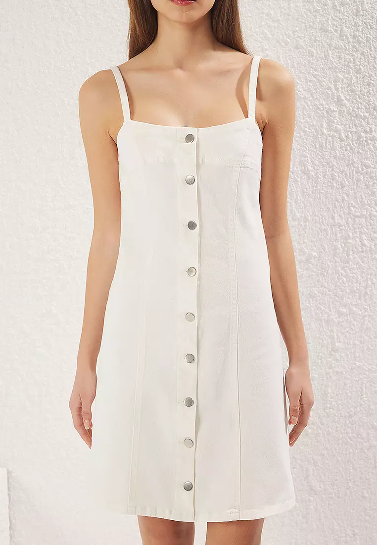 White Front Buttoned Stitch Detail Mini Denim Dress