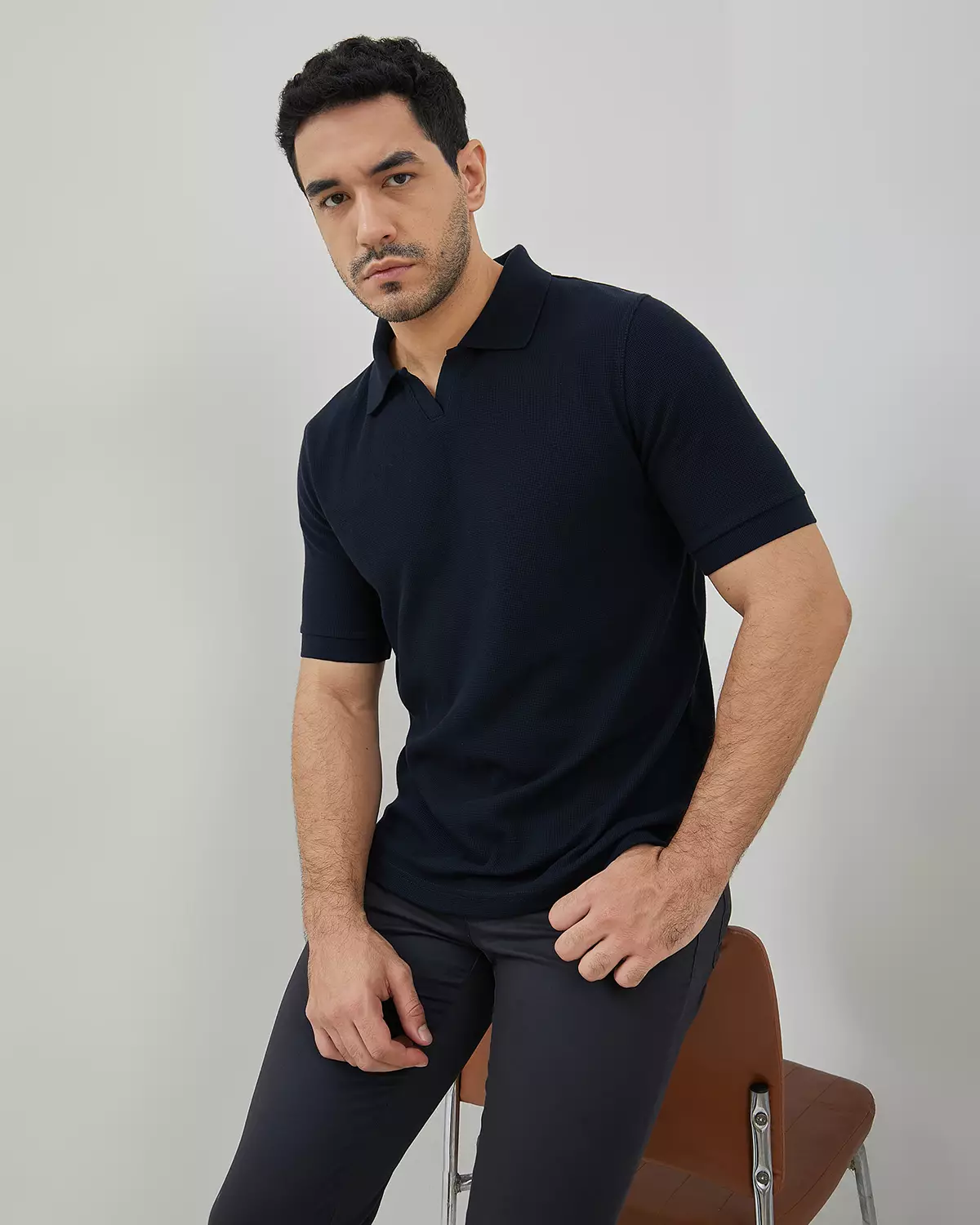 MEN'S BLUE WAFFLE V-NECK POLO SHIRT