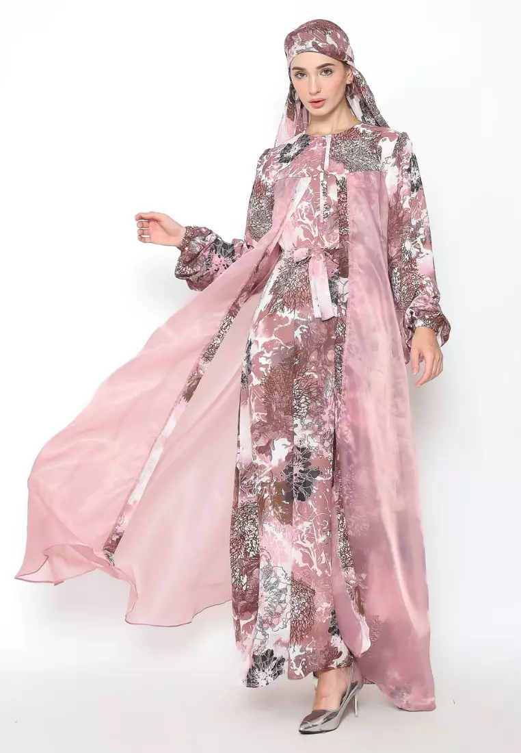 Rinjanie x Senorita  - Gamis Rosslen Dusty Pink - Gamis Set Scarf Raya - Gamis Set - Gamis Printing Mix Organza - Dress Raya - Dress mix organza - GMKY - PK