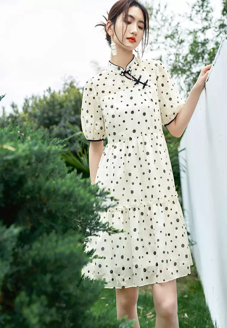 Cheong Sam Design Polka Dot Midi Dress