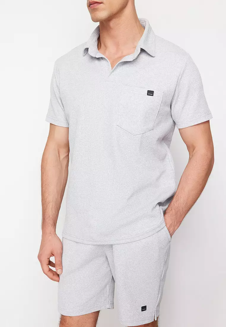 Gray Regular/Normal Cut Textured Fabric Labeled Polo Collar Tracksuit Set TMNSS23EM00003