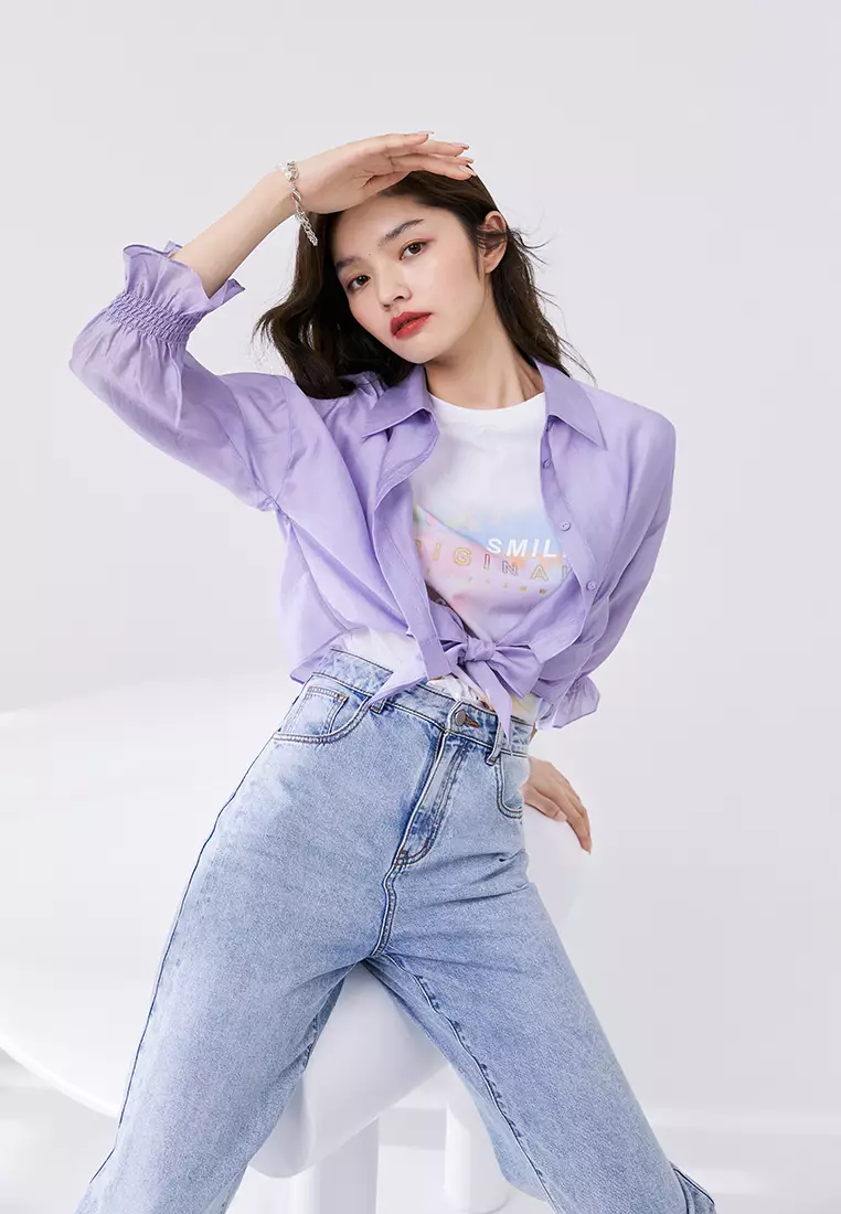 Semi Sheer Cropped Blouse With Waist Tie