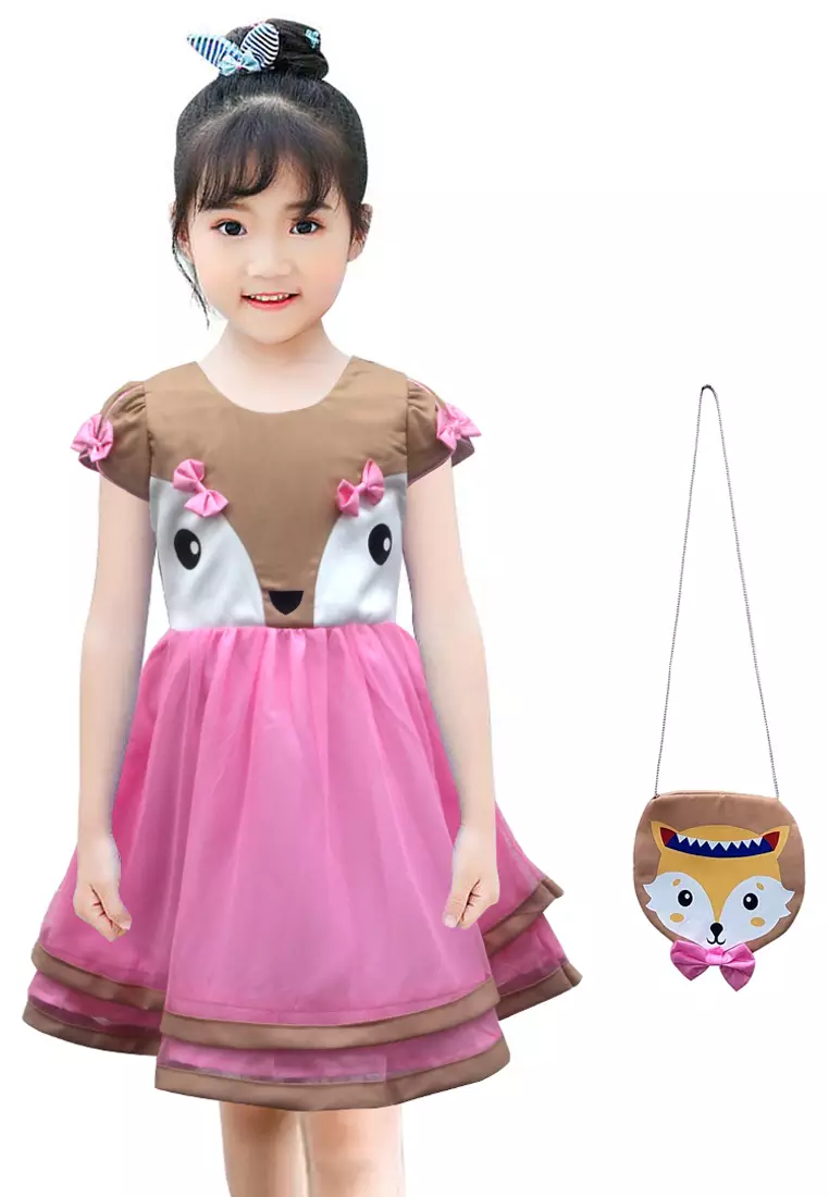 Two Mix Dress Anak Perempuan Bahan Kaos Scuba Gratis Tas Lucu Musang Usia 1-12 tahun 4130