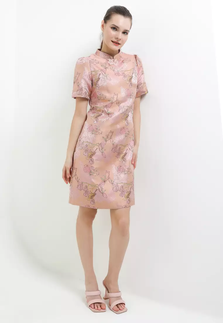 Puff Sleeves Flo Jacq Print Qipao Dress W/ Flo Brooch