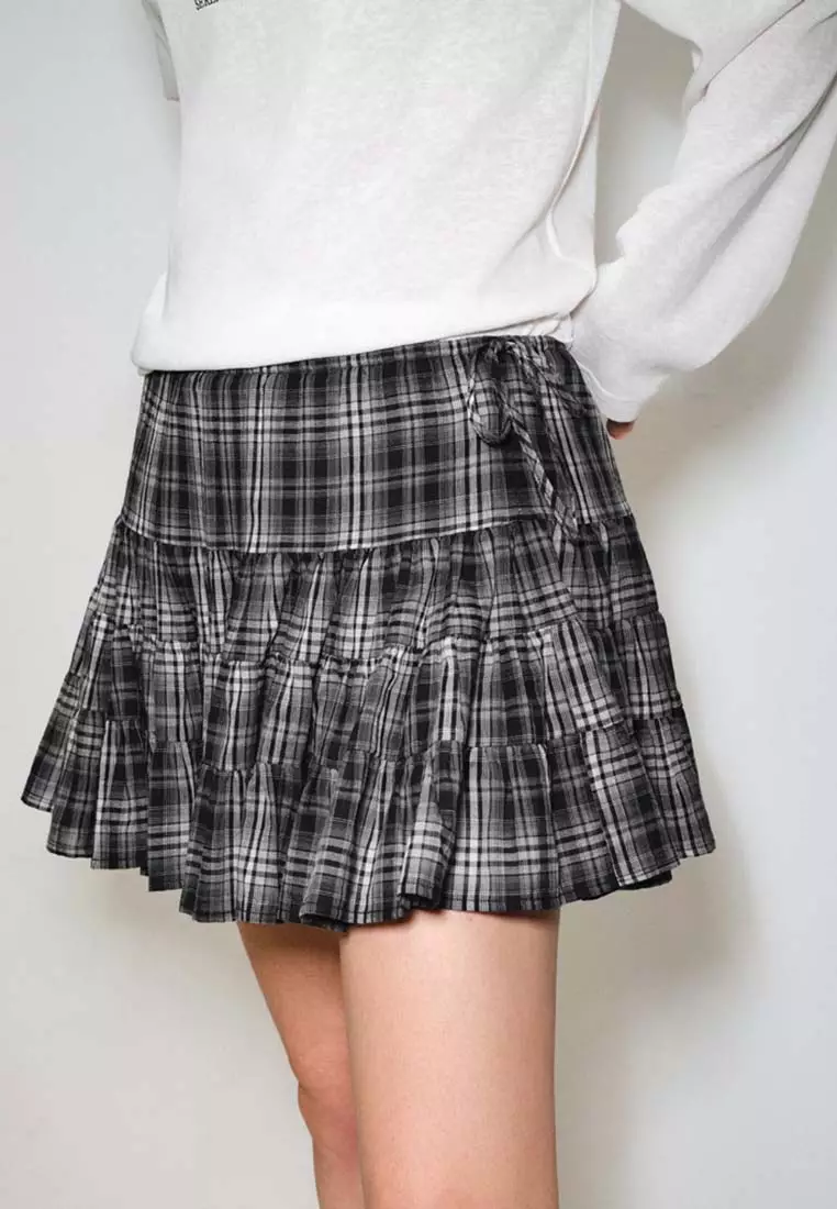 Drawstring Tie Side Plaid Layered Ruffle Cotton Mini Skirt