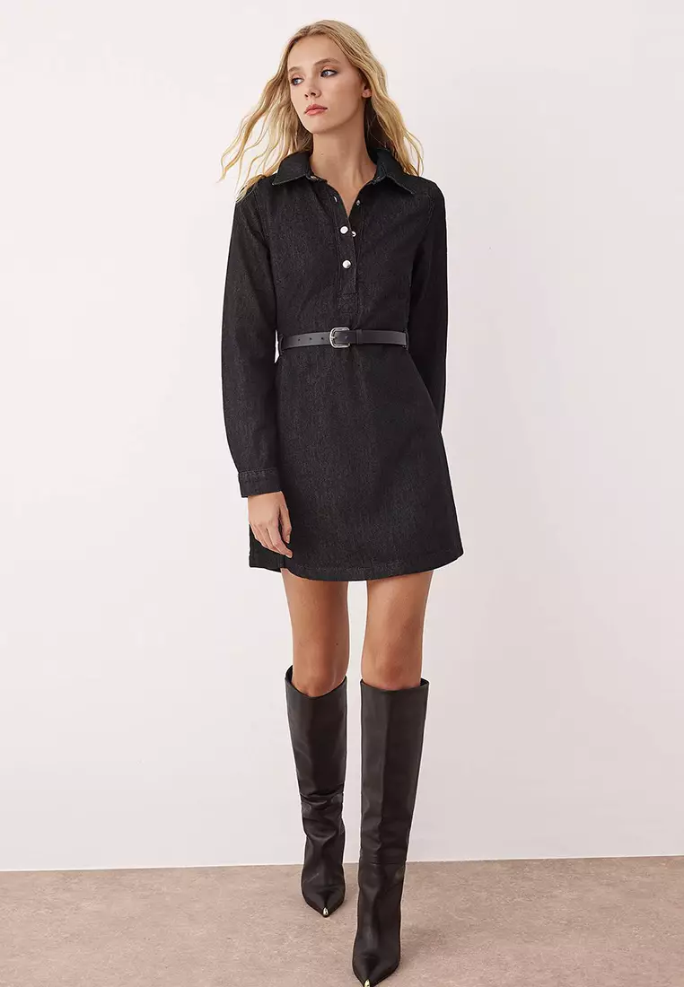 Black Shirt Collar Belted Long Sleeve Mini Denim Dress Twoaw26El00050