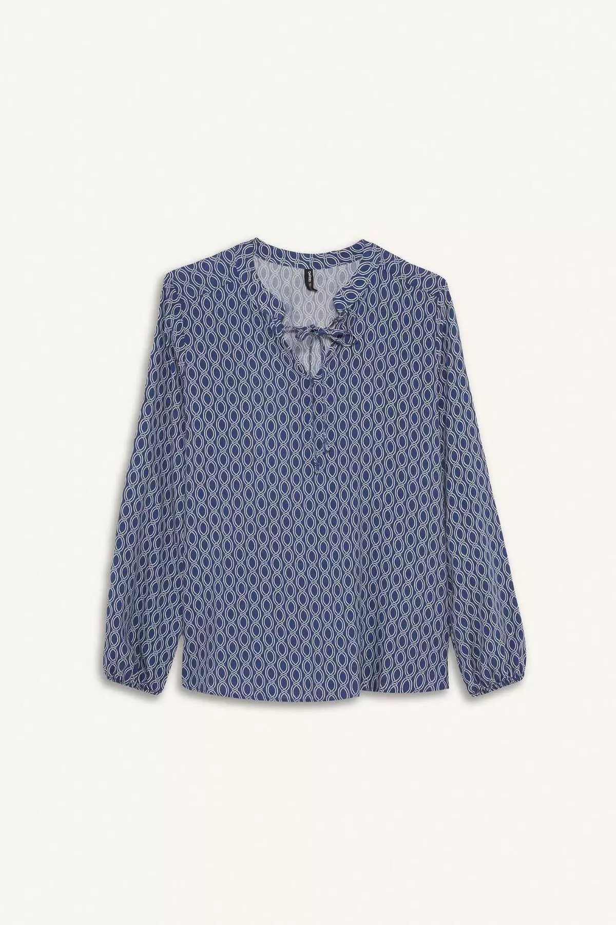 Regular Fit Lace-Up Collar Patterned Long Sleeve Blouse N1809Az25Sp