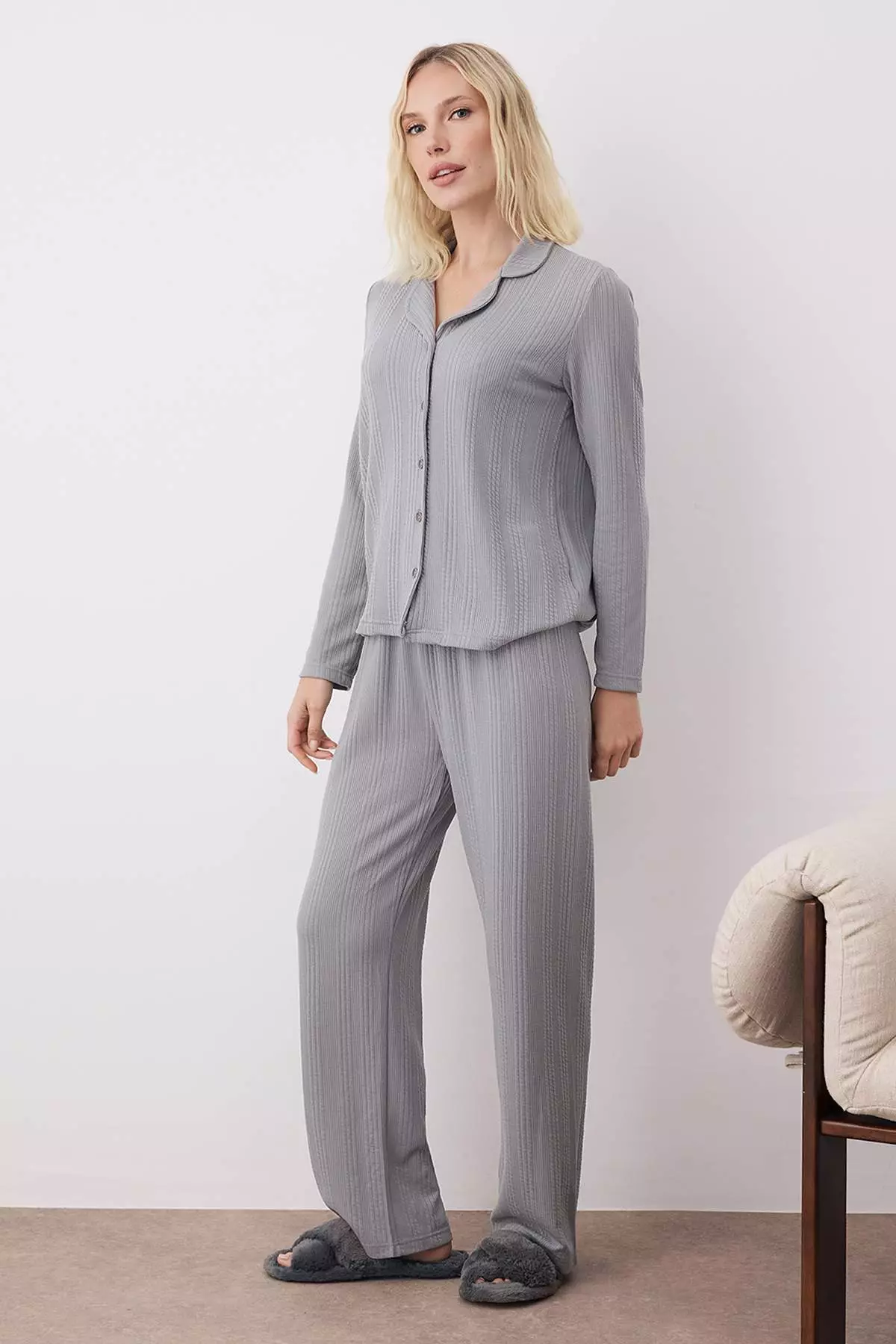 Smoke Textured Ribbed Soft Touch Winter Knitted Pajama Set