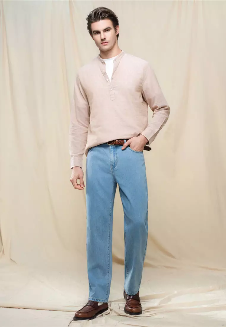 Men's Linen Cotton Stand Collar Long Sleeve Shirt 01046218