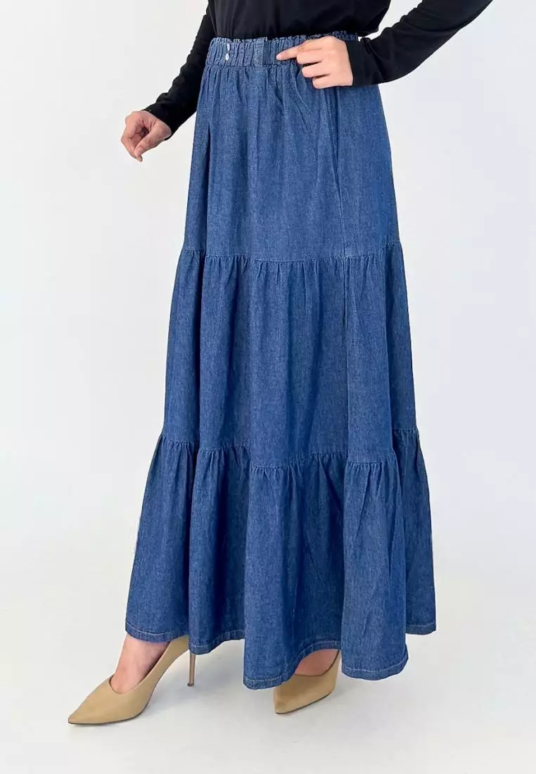 LEZAHRASIGNATURE Arabel Denim Skirt (Rok Panjang Jeans Flare) Biru Tua