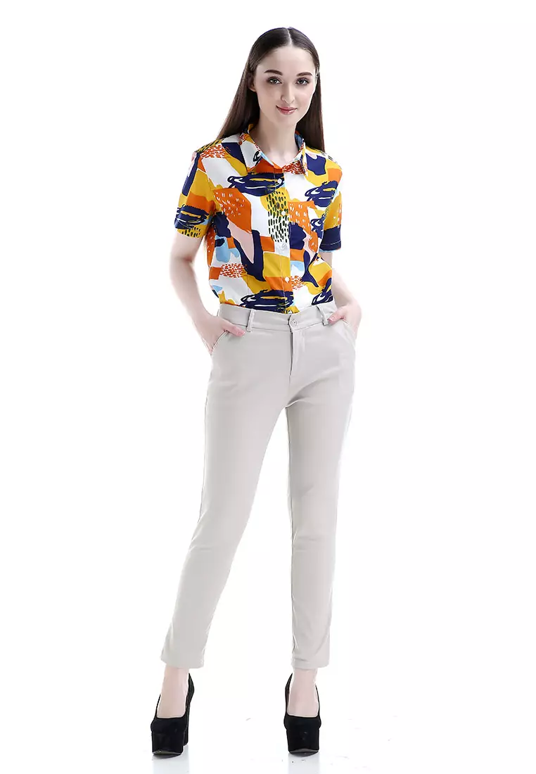 Tinsley Celana Chino Bawahan Wanita Kasual Motif Solid Long Pants Woman - Cream