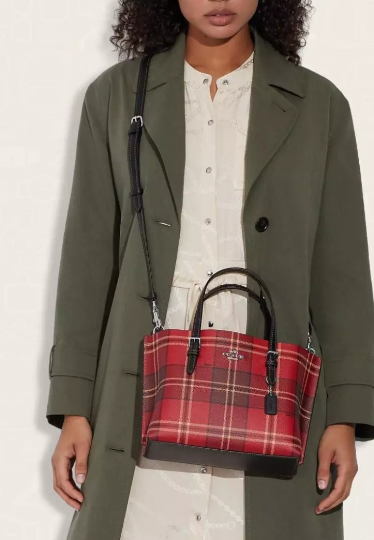 Coach Mollie Tote 25 With Tartan Plaid Print Red Black Multi