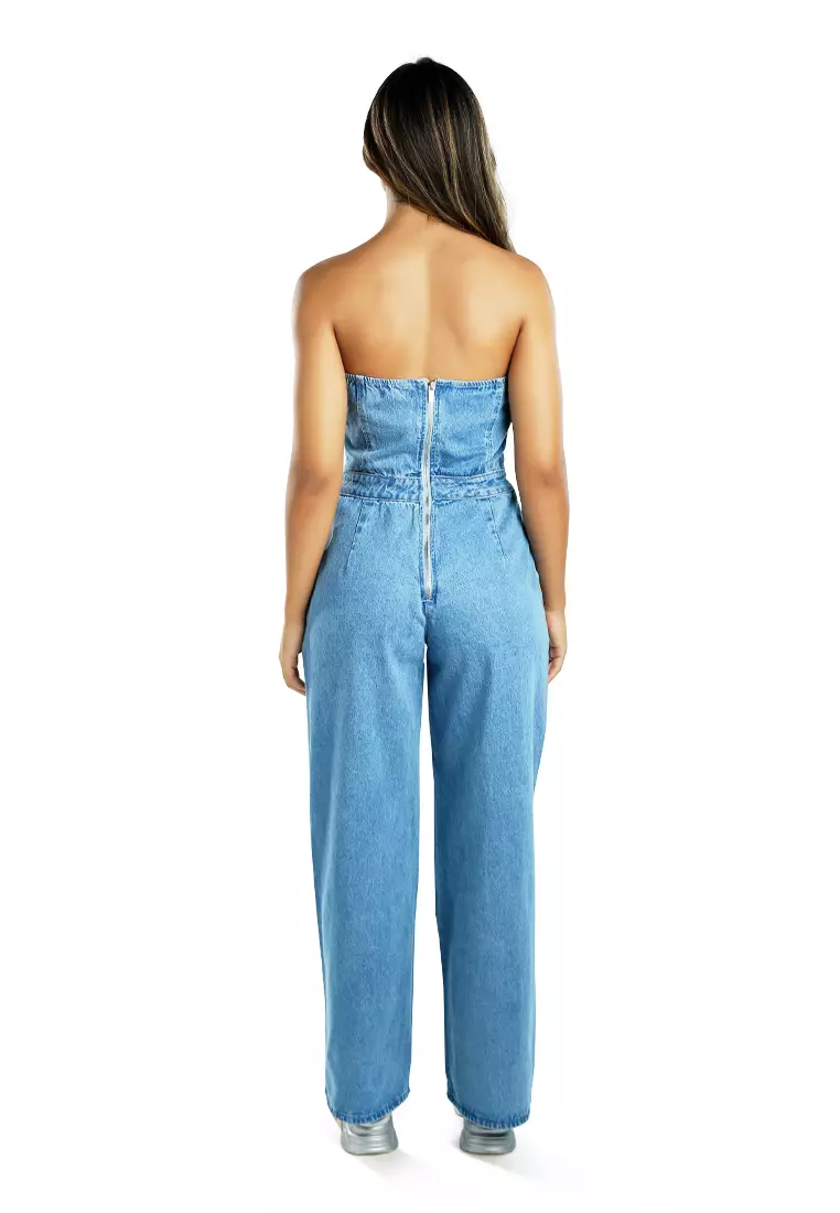 Blue Strapless Back Zipper Denim Jumpsuit