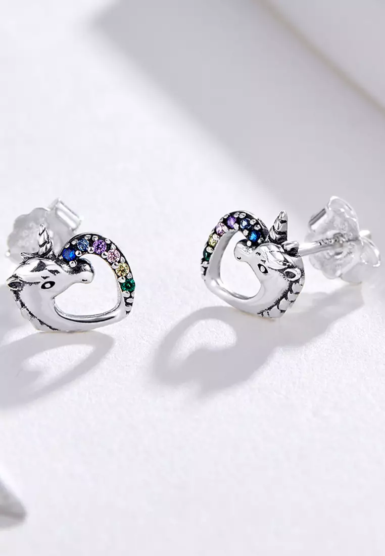 925 SIGNATURE Solid 925 Sterling Silver Colourful Unicorn Stud Earrings