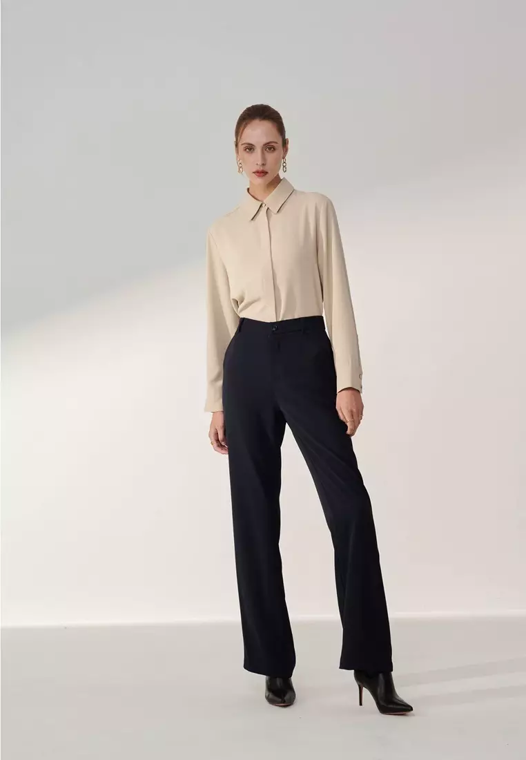 深藍鬆緊帶直筒寬褲