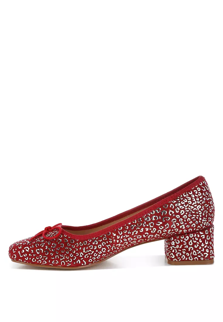Sepatu Balerina Hak Blok Motif Macan Tutul dalam Warna Merah DK