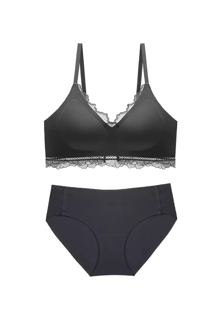 Buy ZITIQUE Women's Plain Seamless Lace-trimmed Lingerie Set (Bra and  Underwear) - Dark Grey Online