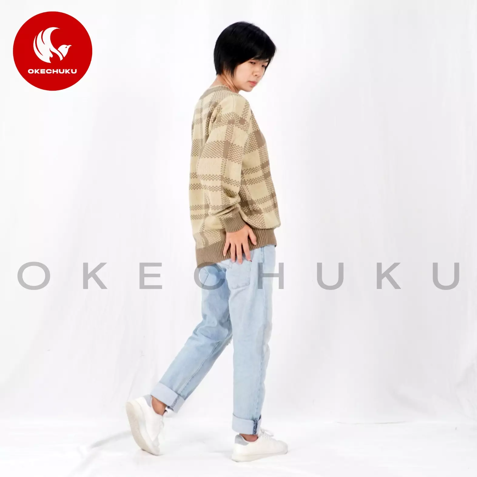 KINAN Knit Sweater Rajut Unisex V Neck Sweater Pria Wanita - Mocca