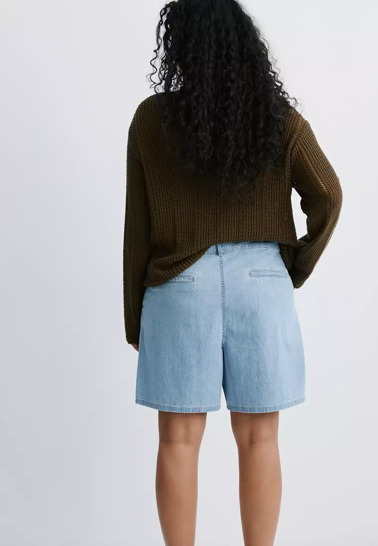 Mid-Rise Denim Bermuda Shorts With Pleats
