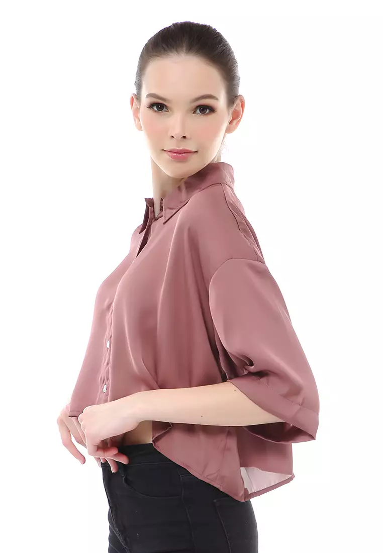 Brielle Atasan Wanita Kemeja Oversize Plain Motive Lengan Pendek Material Satin ORIGiNAL - Mauve