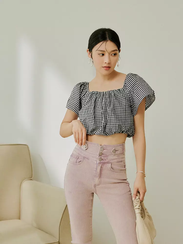 Two-way wear off-shoulder plaid short-sleeve cropped top [AB18156]