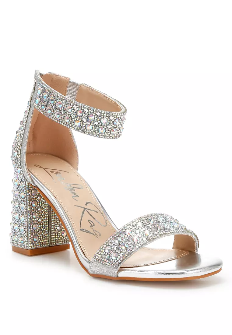 Rhinestones And Sequins Block Sandals in Silver