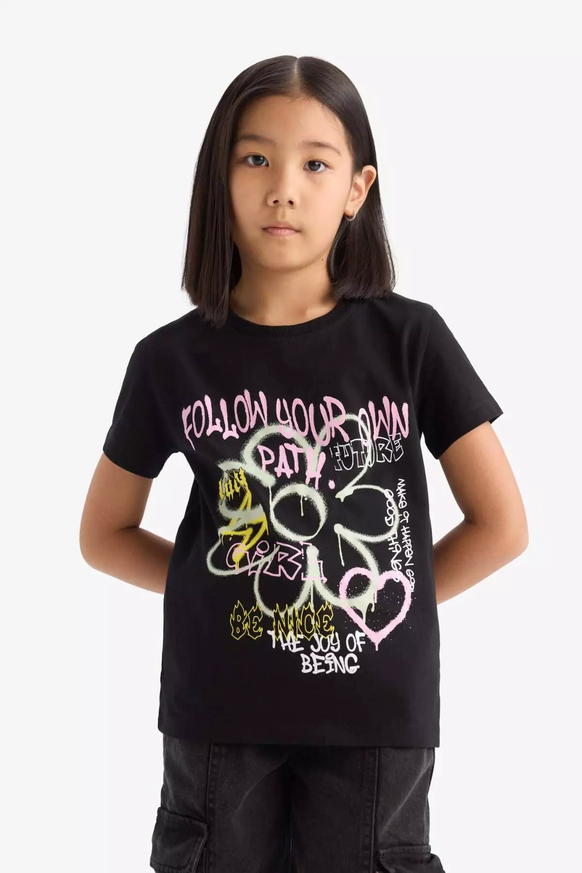 Girl's Crew Neck Printed Short Sleeve T-Shirt E0383A825Sm