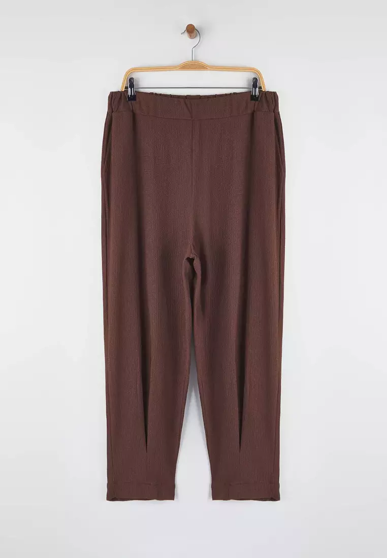 Brown Carrot Fit Elastic Waist Knitted Plus Size Trousers