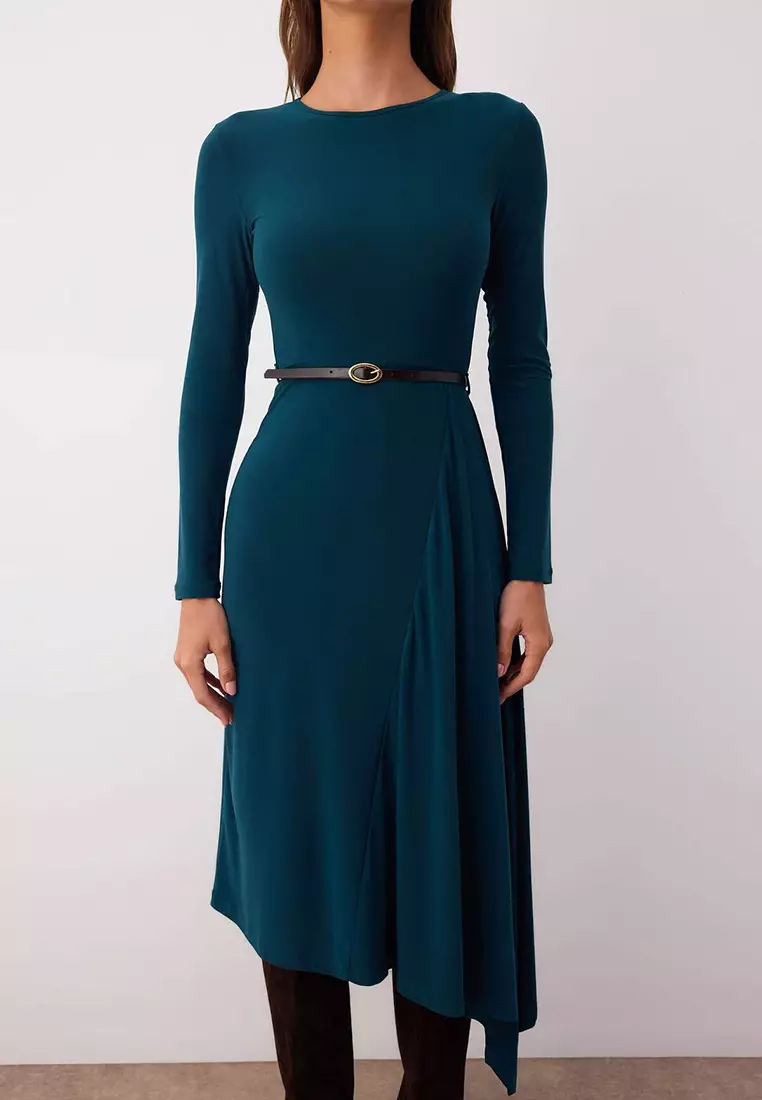 Belted A-Line Midi Dress