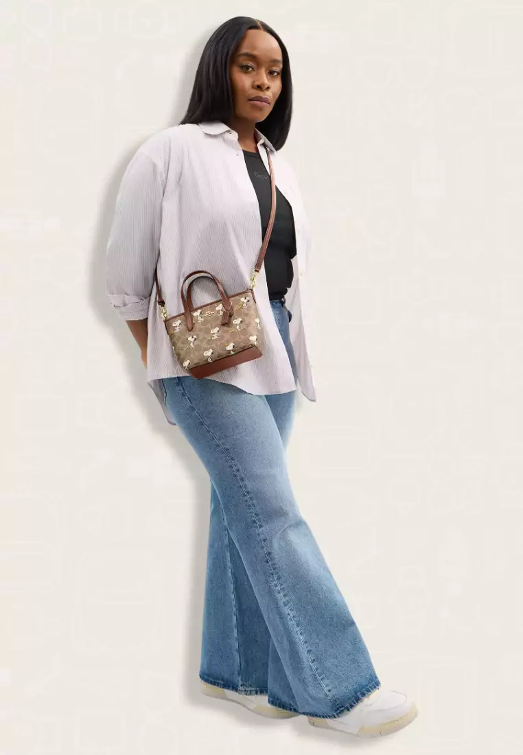 Coach X Peanuts City Mini Tote Bag In Signature Canvas With Snoopy Print Tan Brown Multi