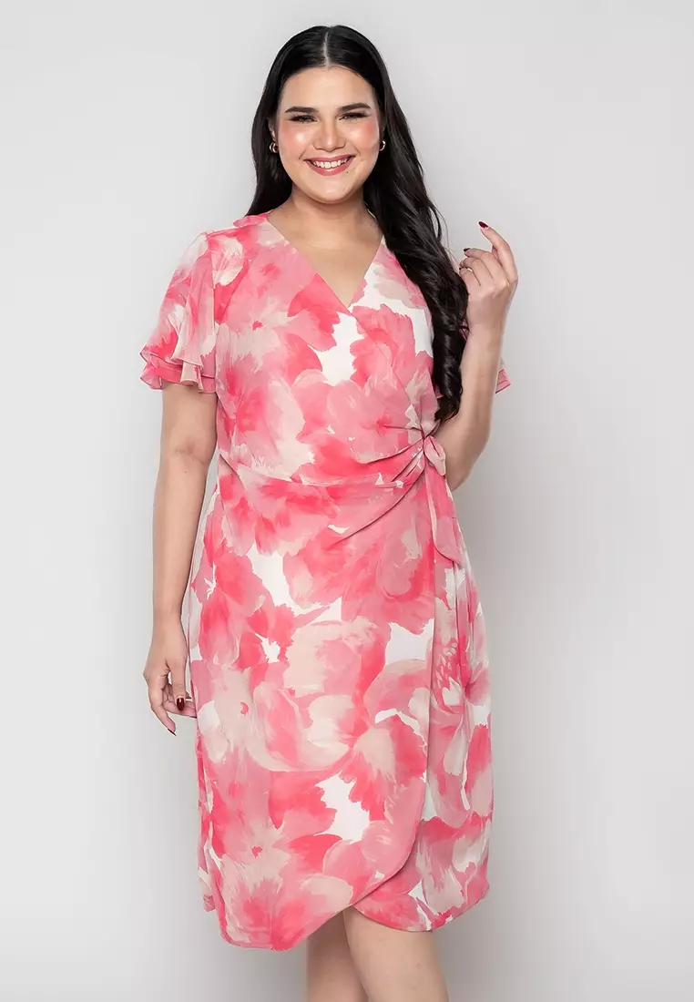Milly Plus Size Martine Full Floral Digital Wrap Dress with Gathered Detail
