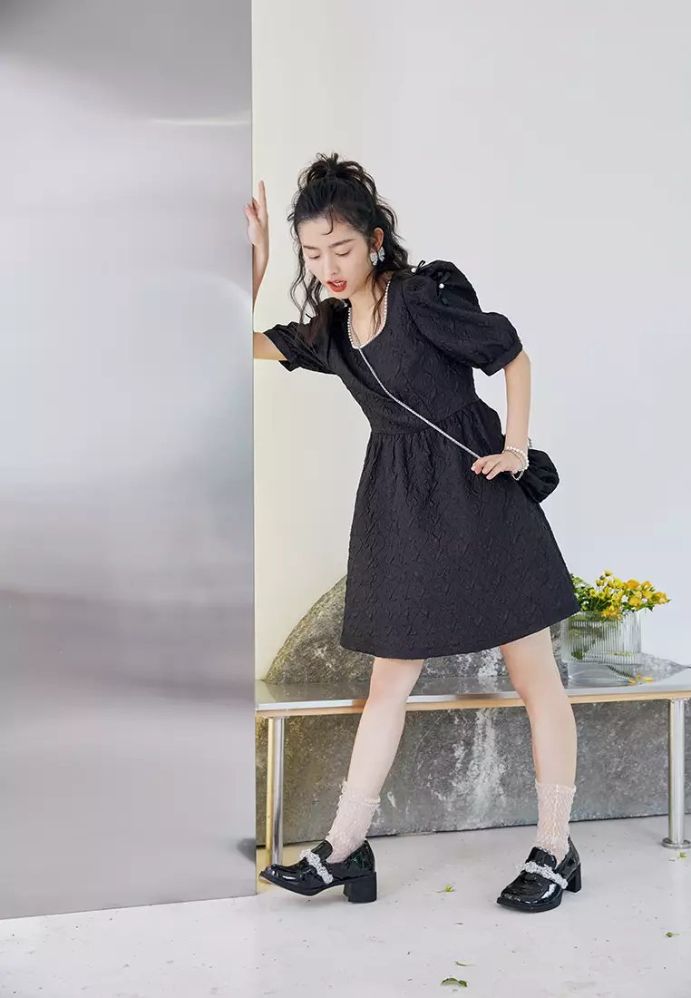 Square Neck Embossed Babydoll Dress