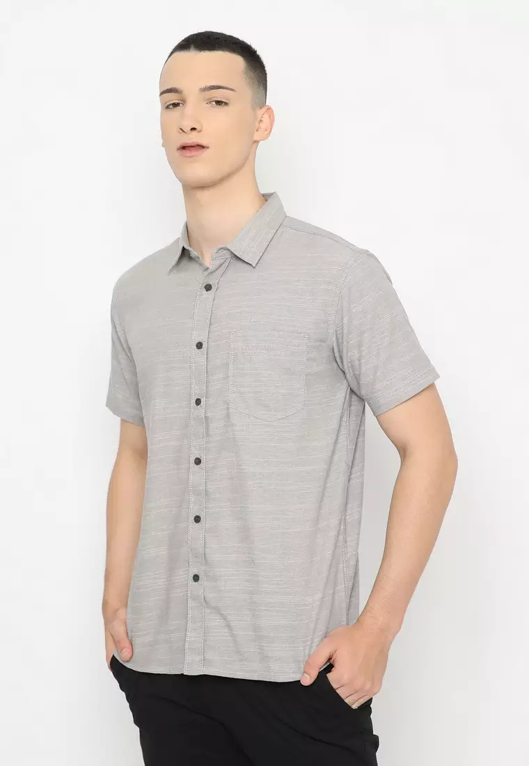 POLICE Kemeja Polos Oxford Slub Regular Fit Pria Abu