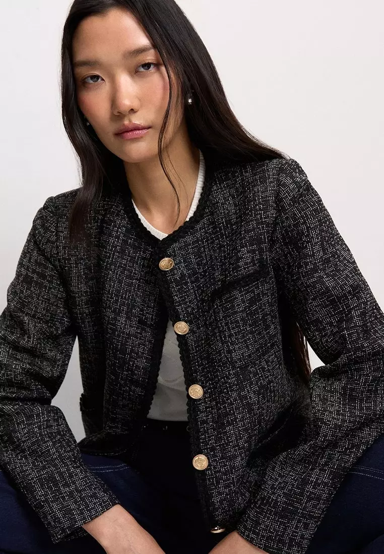 Tweed Contrast Trim Jacket - Black