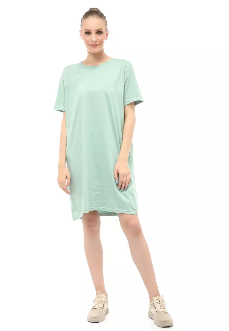 Finch Midi Dress Wanita Short Sleeves Motif Polos - Sage Green