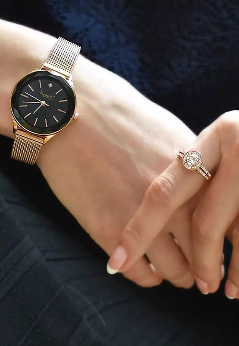 Geometric Mineral Glass Feat SWAROVSKI®Crystal Watch Rose Gold Black