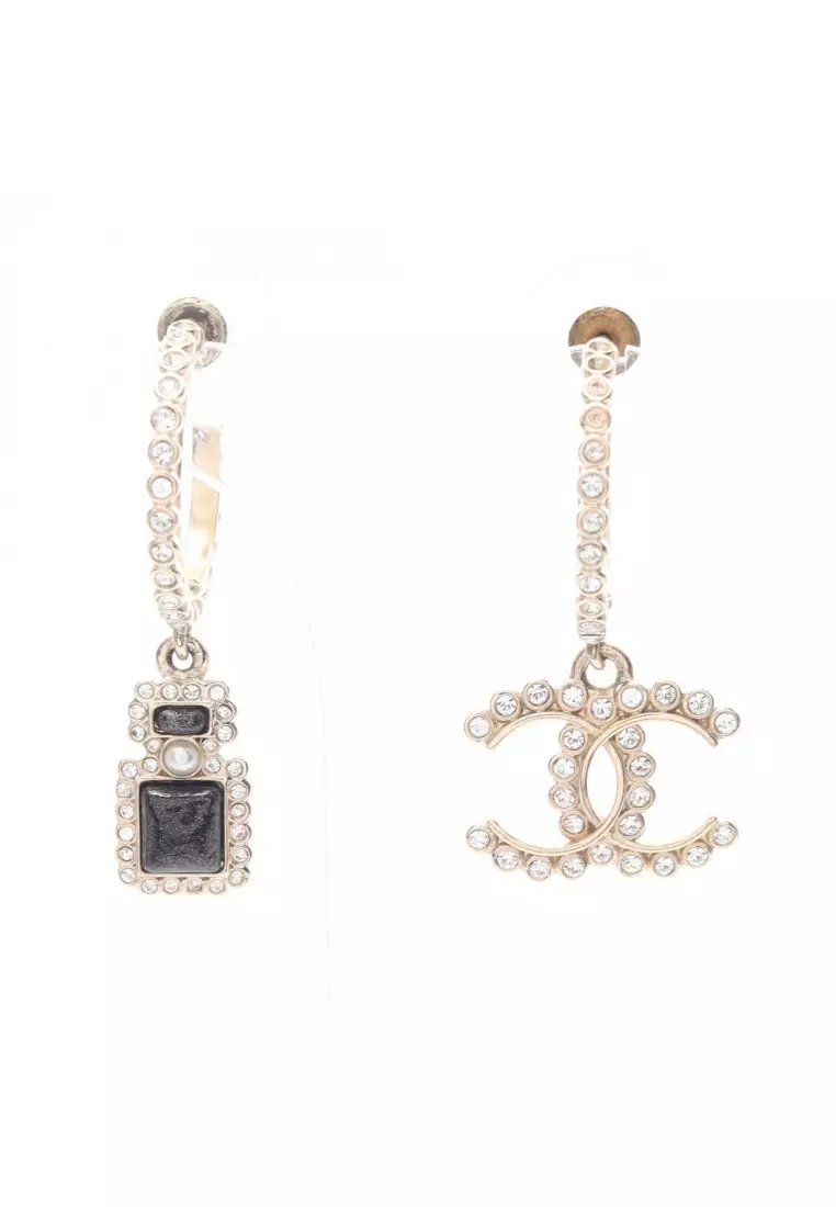 Pre-Loved Chanel coco mark earrings perfume bottle motif GP Rhinestone gold clear black A21K