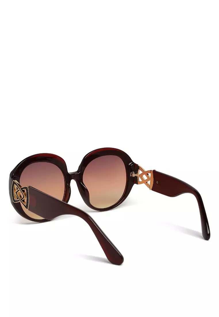 Brown Metallic Accent Round Sunglasses