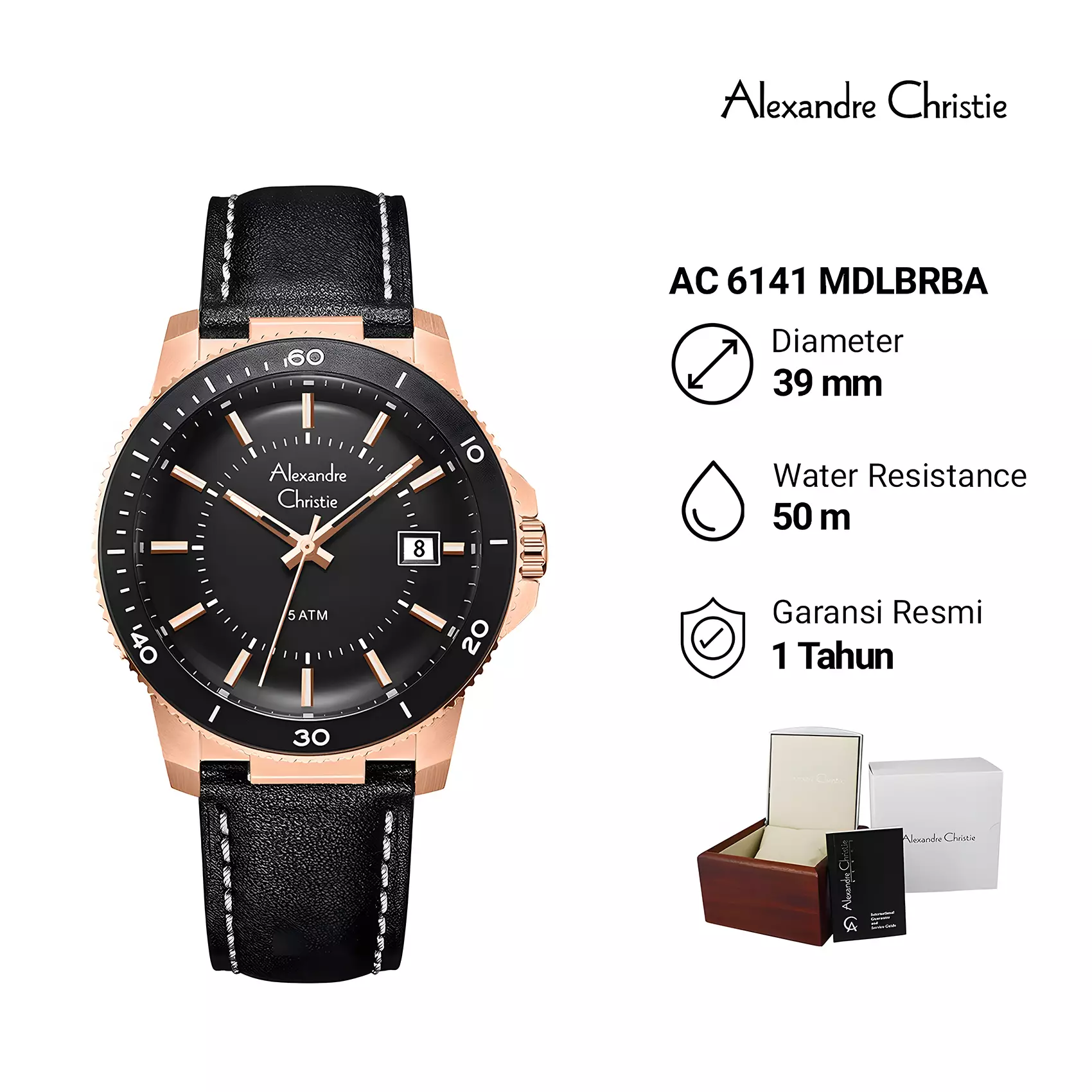 Alexandre Christie Sport Series - Jam Tangan Analog Pria - Rosegold Case - Black Leather Strap - 6141 MDLBRBA
