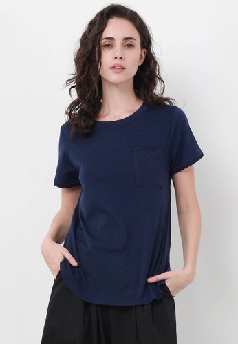 NE Double S blue NE Double S Round Neckline Front with Pocket @ Sleeve Opening Trim with lace Detail Tee FE9E2AA8C755B6GS_1